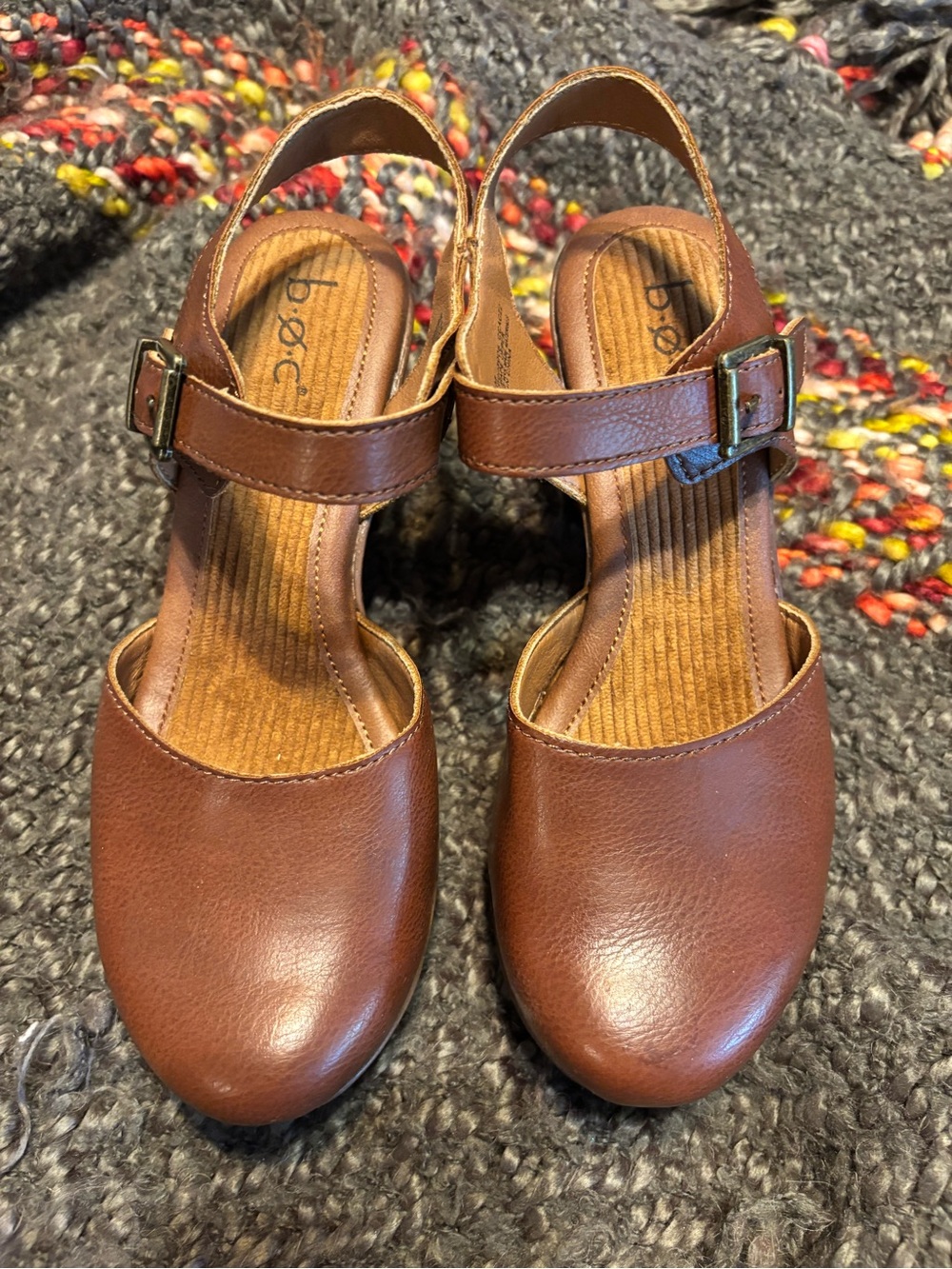 boc Brown Leather Slingback Clogs with Buckle